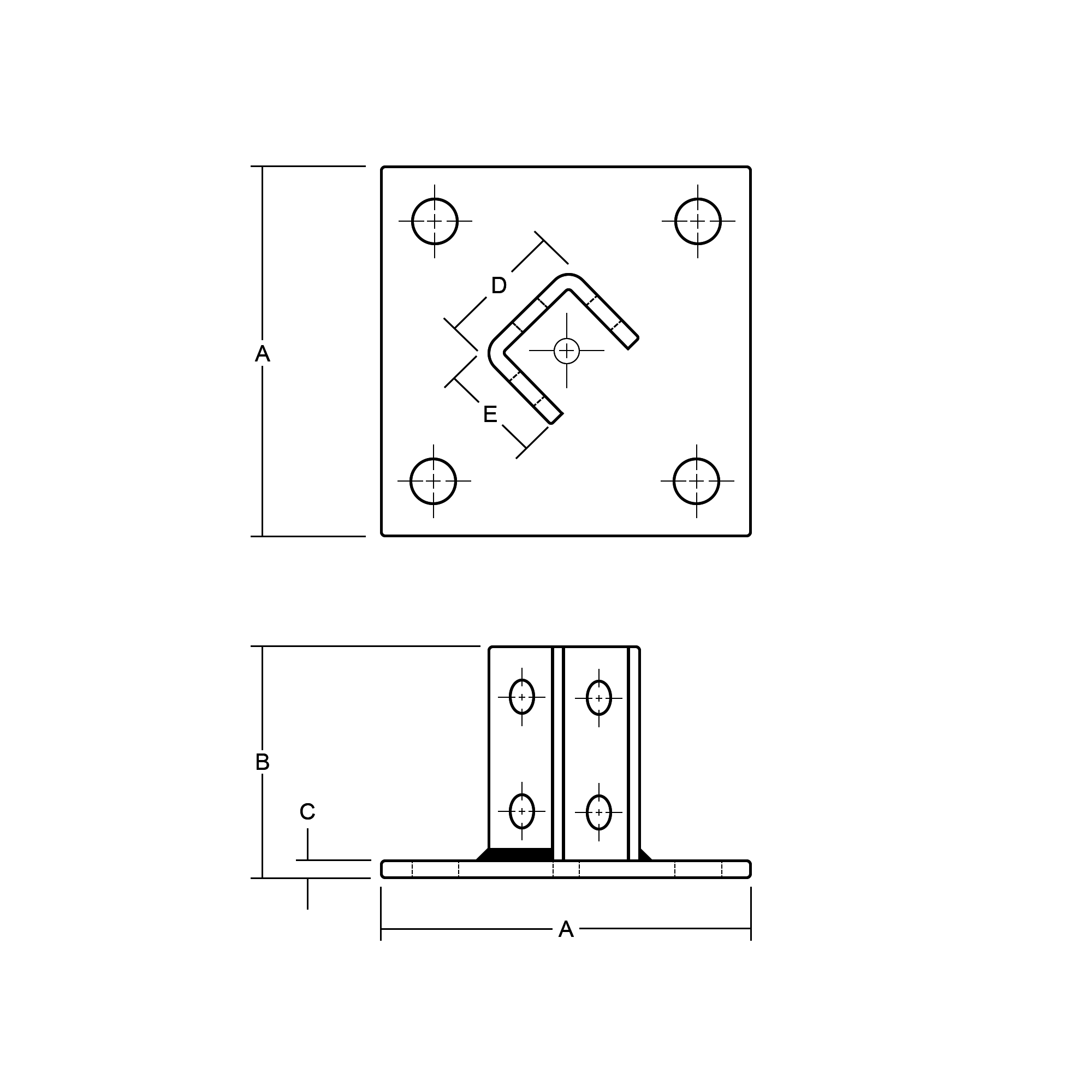 45° Offset Post Base - Technical Drawing